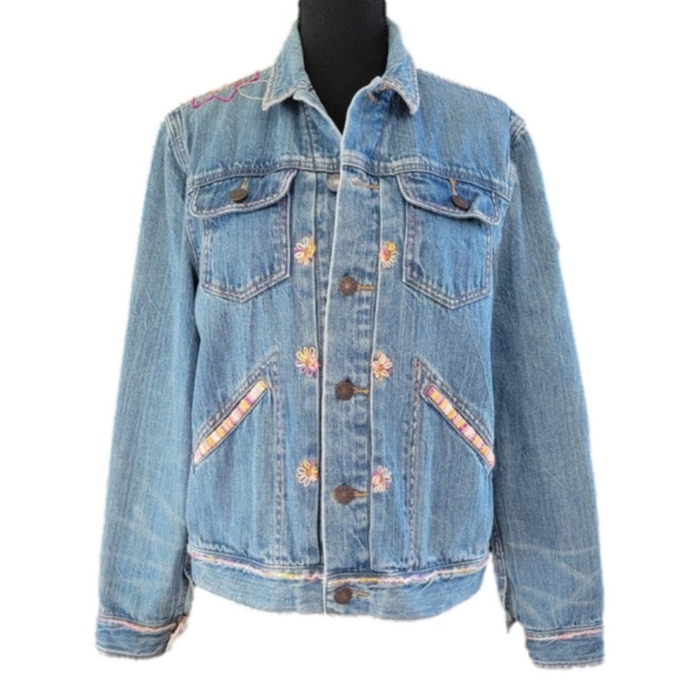 One of a Kind! BDG Denim Upcycled Hand Embroidered Denim Jacket Lined ~Size Med